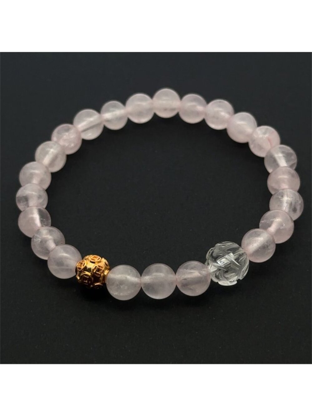 18K Solid Gold Coin Ball Stretch Bracelet Rose Quartz Clear Quartz Lotus - Picture 2 of 5